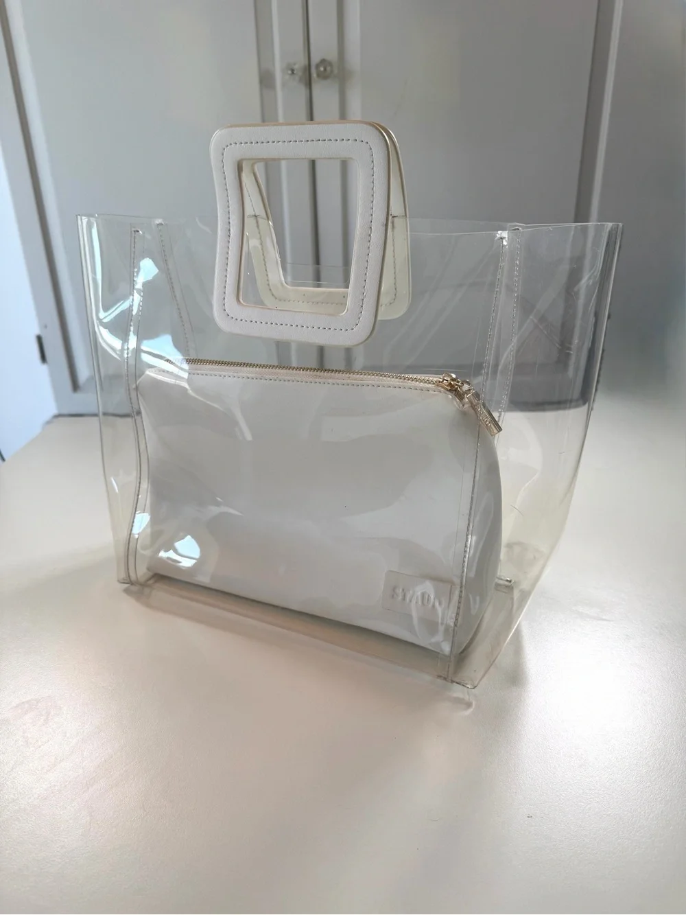 STAUD Shirley Clear PVC Tote White Leather Pouch Transparent Designer Bag